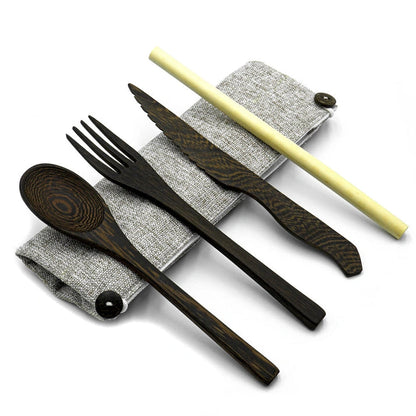 Aaponminimarket Dark Wood Cutlery Set (Light grey bag)