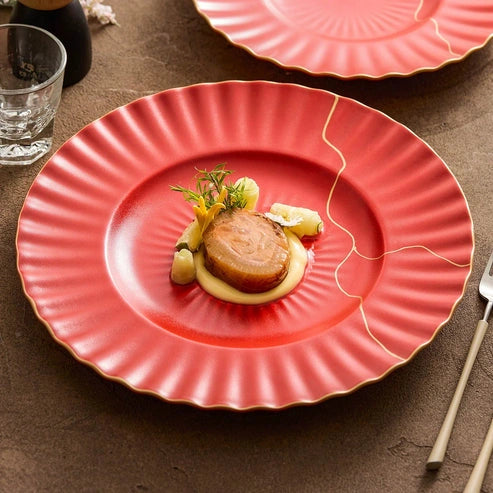 Aaponminimarket Luxury Red Ceramic Dinner Plate with Golden Veins