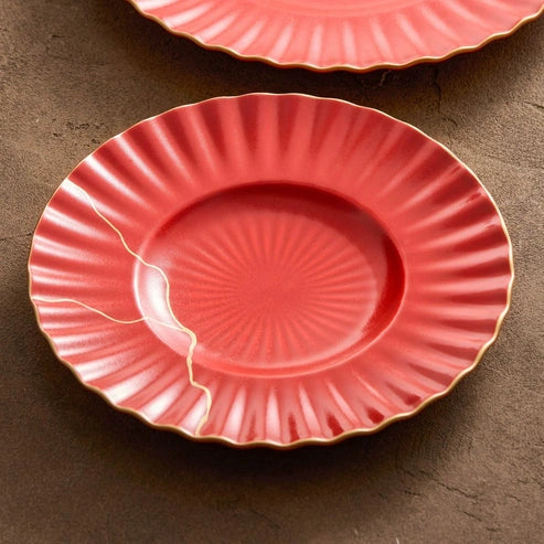 Aaponminimarket Luxury Red Ceramic Dinner Plate with Golden Veins