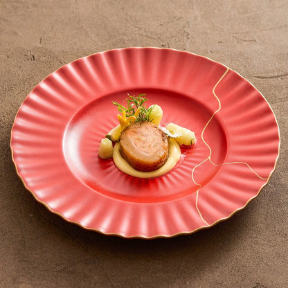 Aaponminimarket Luxury Red Ceramic Dinner Plate with Golden Veins