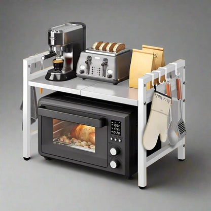 Aaponminimarket Microwave Expandable Shelf Rack with 6 Hooks