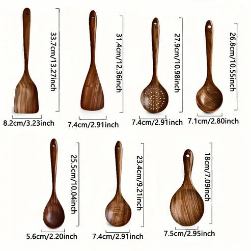 Aaponminimarket NNETM 7-Piece Natural Teak Wooden Spoons for Cooking Set