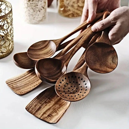 Aaponminimarket NNETM 7-Piece Natural Teak Wooden Spoons for Cooking Set