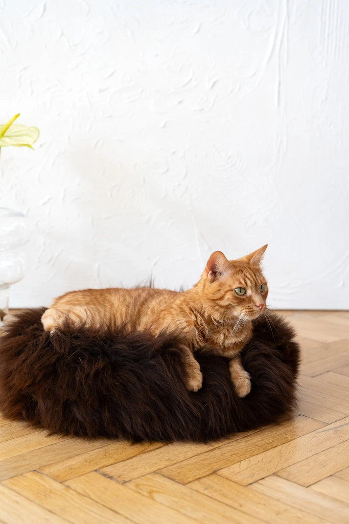 Aaponminimarket Round Natural Sheepskin Pet Bed (Brown)