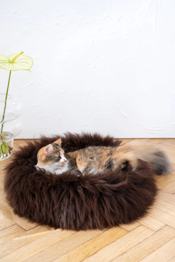 Aaponminimarket Round Natural Sheepskin Pet Bed (Brown)