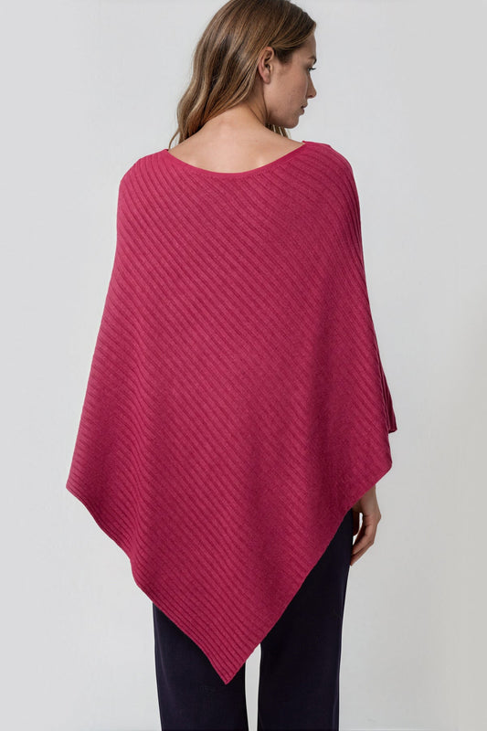 Wine Asymmetric Ribbed Knit Poncho
