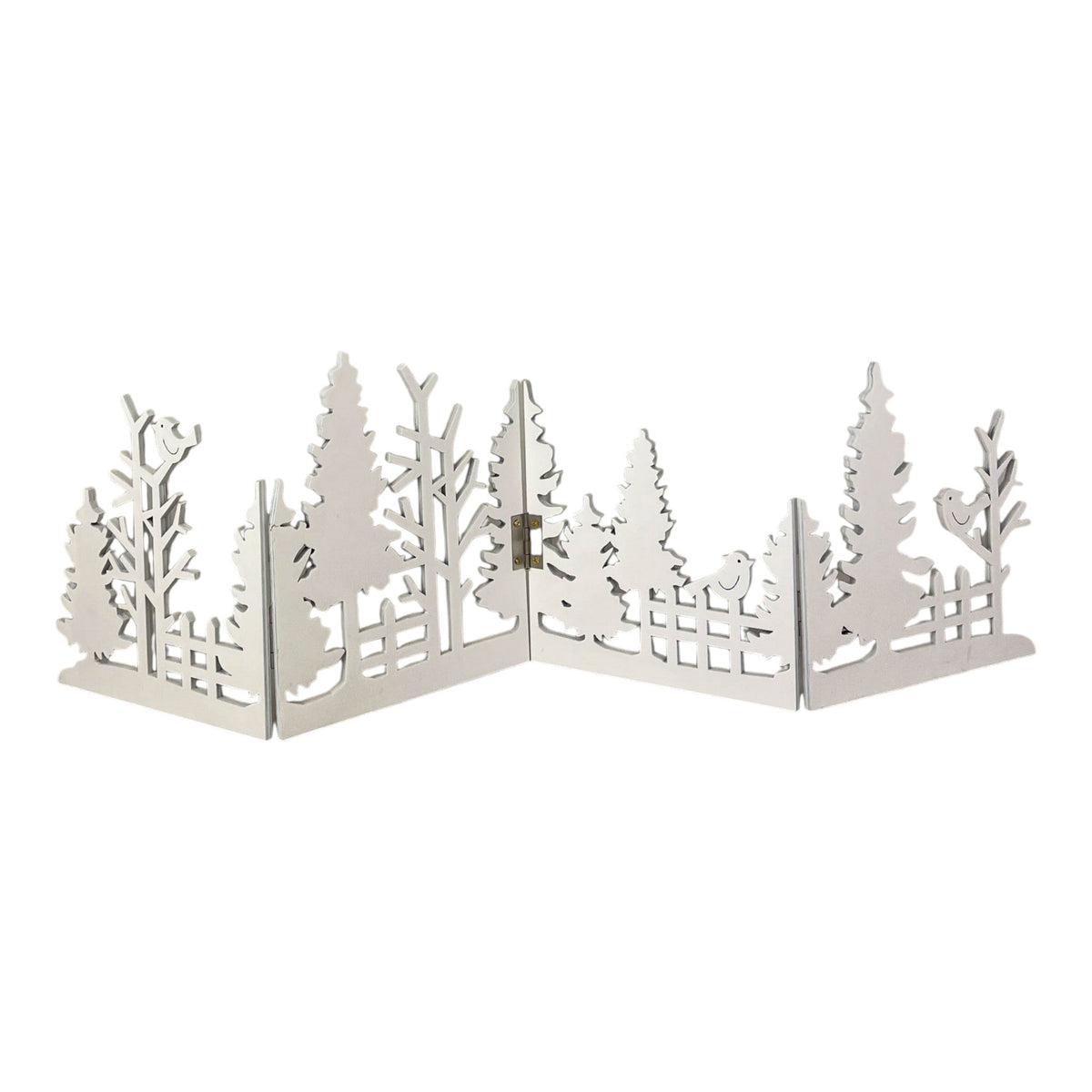 White wooden folding woodland Christmas scene with fir trees, birds and picket fence