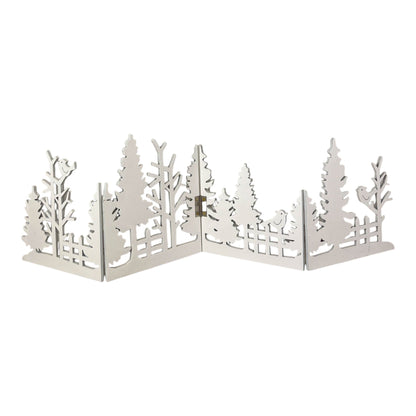 White wooden folding woodland Christmas scene with fir trees, birds and picket fence