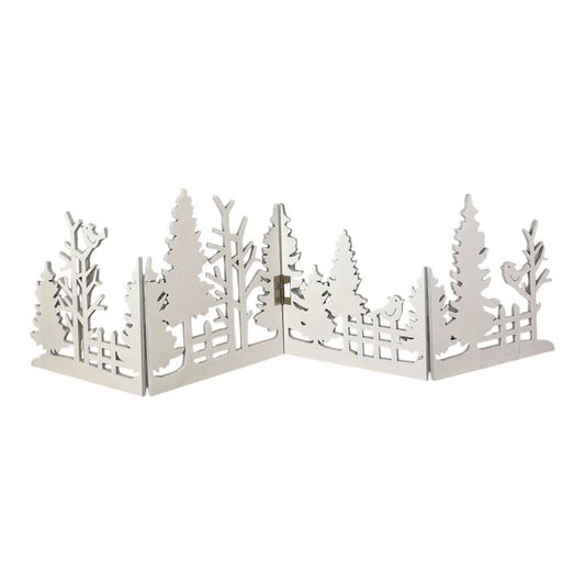 White wooden folding woodland Christmas scene with fir trees, birds and picket fence