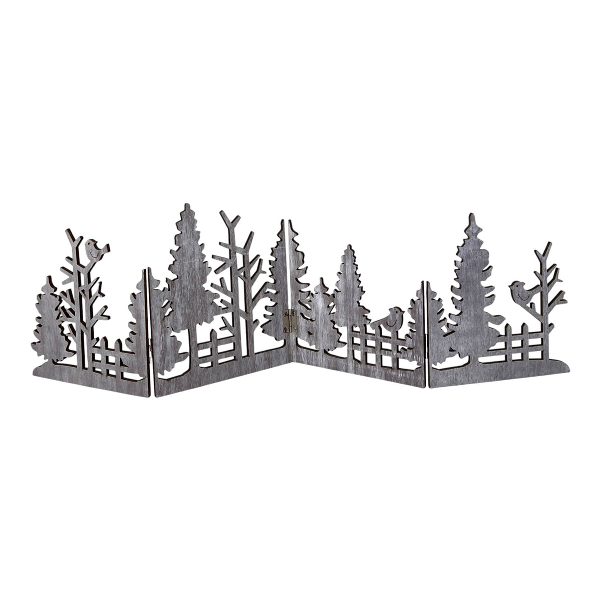 Grey-washed wooden folding woodland Christmas scene with trees, birds and fence