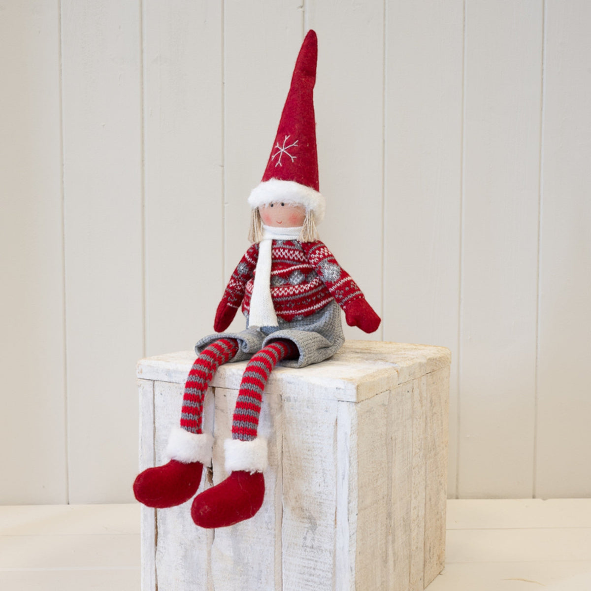 30cm red and grey shelf-sitter Christmas boy doll with striped dangling legs