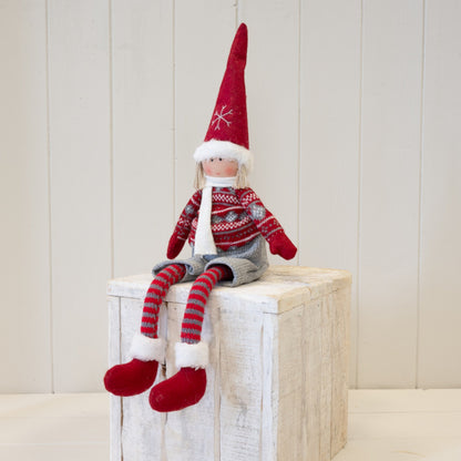30cm red and grey shelf-sitter Christmas boy doll with striped dangling legs