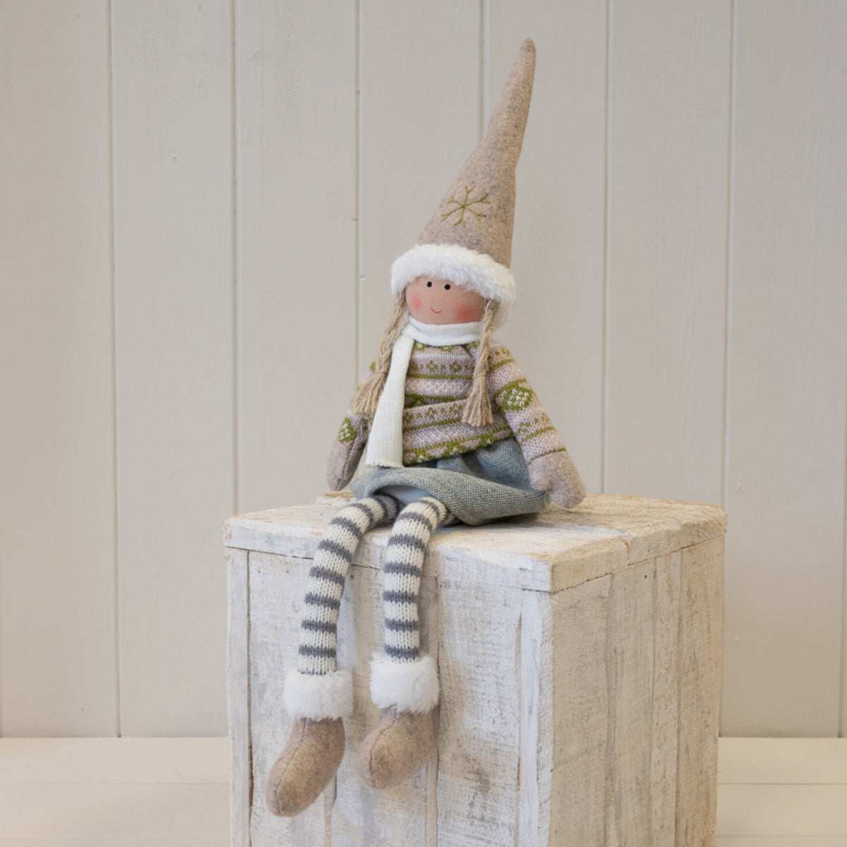 30cm natural and grey shelf-sitter Christmas girl doll with striped dangling legs