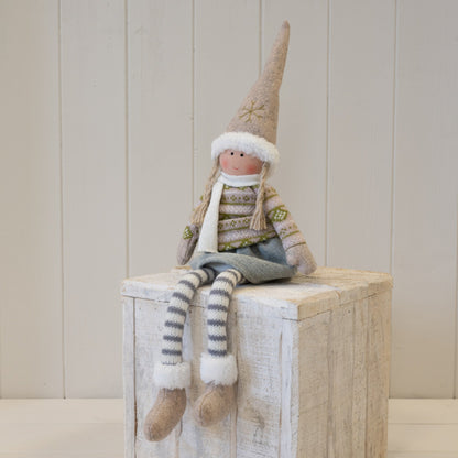 30cm natural and grey shelf-sitter Christmas girl doll with striped dangling legs