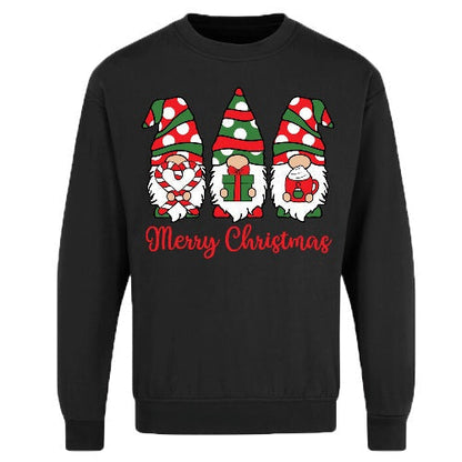 Black Merry Christmas sweatshirt printed with three festive gnomes