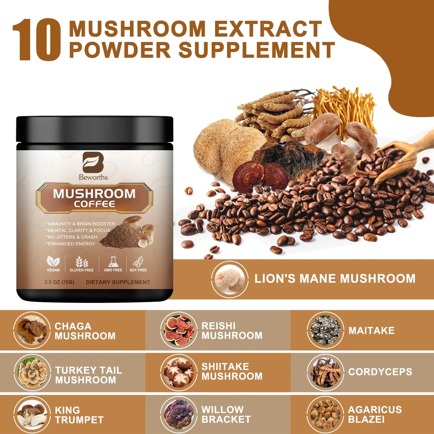 BWEORTHS 10-in-1 Mushroom Coffee (250g)