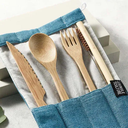 Aapon Mini Market Bamboo Cutlery Set (Green bag)