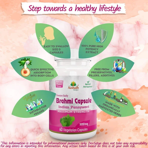 Aaponminimarket Aushadh Brahmi Capsules (Bacopa, Water Hyssop) Memory & Focus Support - Vegan, Gluten Free, Non-GMO, 60 Capsules