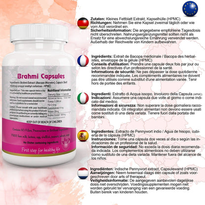 Aaponminimarket Aushadh Brahmi Capsules (Bacopa, Water Hyssop) Memory & Focus Support - Vegan, Gluten Free, Non-GMO, 60 Capsules