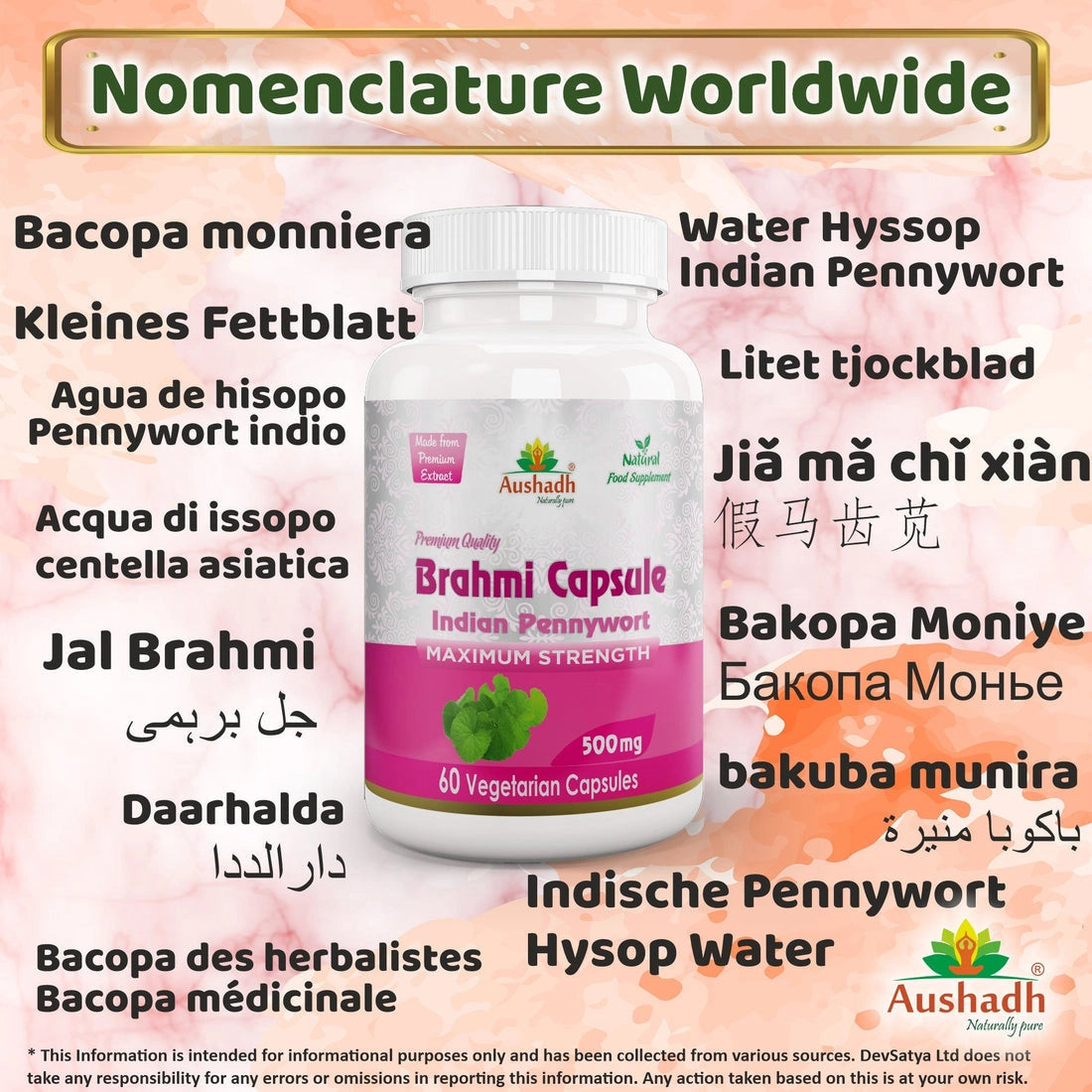 Aaponminimarket Aushadh Brahmi Capsules (Bacopa, Water Hyssop) Memory & Focus Support - Vegan, Gluten Free, Non-GMO, 60 Capsules
