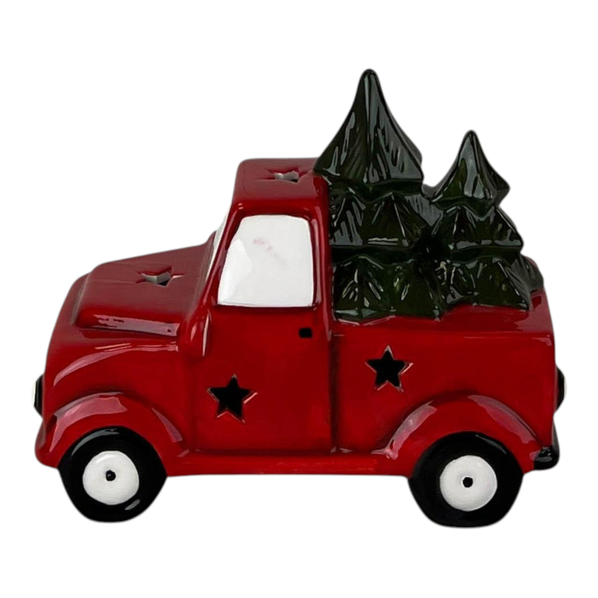 Red ceramic pickup truck decoration with star cut-outs and two green Christmas trees