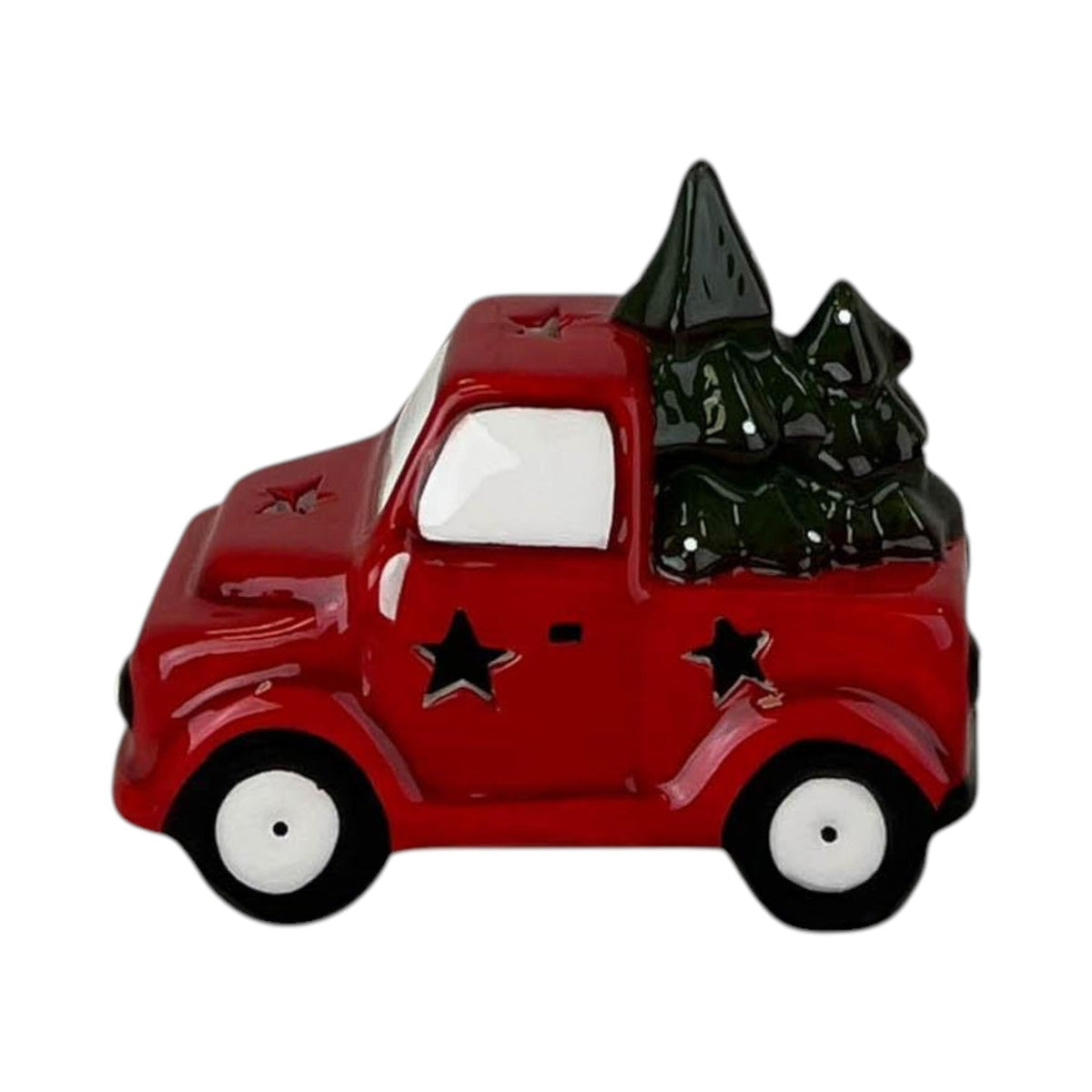 Small red ceramic Christmas truck with star cut-outs carrying green trees