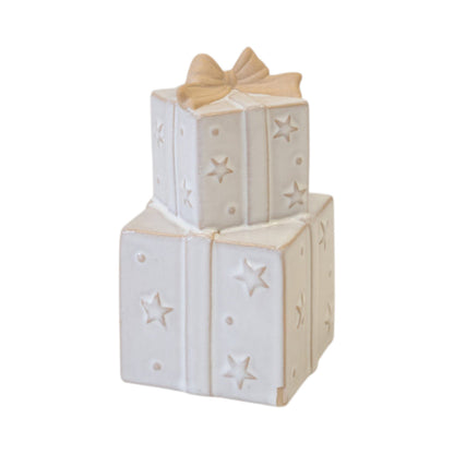 Stone-glazed ceramic ornament of two stacked Christmas gift boxes with stars and a bow