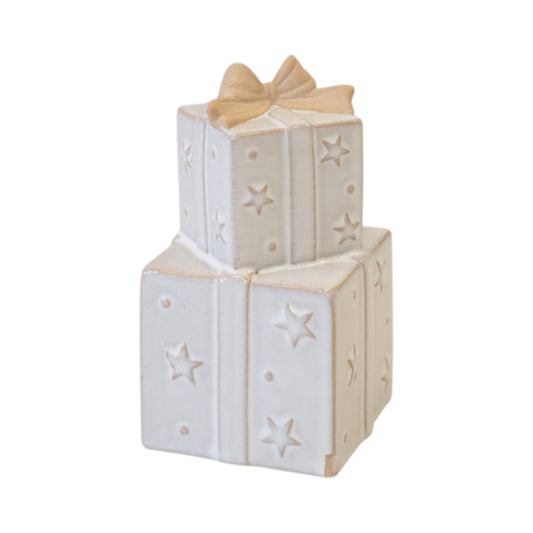 Stone-glazed ceramic ornament of two stacked Christmas gift boxes with stars and a bow
