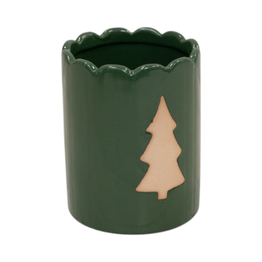 Forest green ceramic pot with scalloped rim and terracotta Christmas tree motif