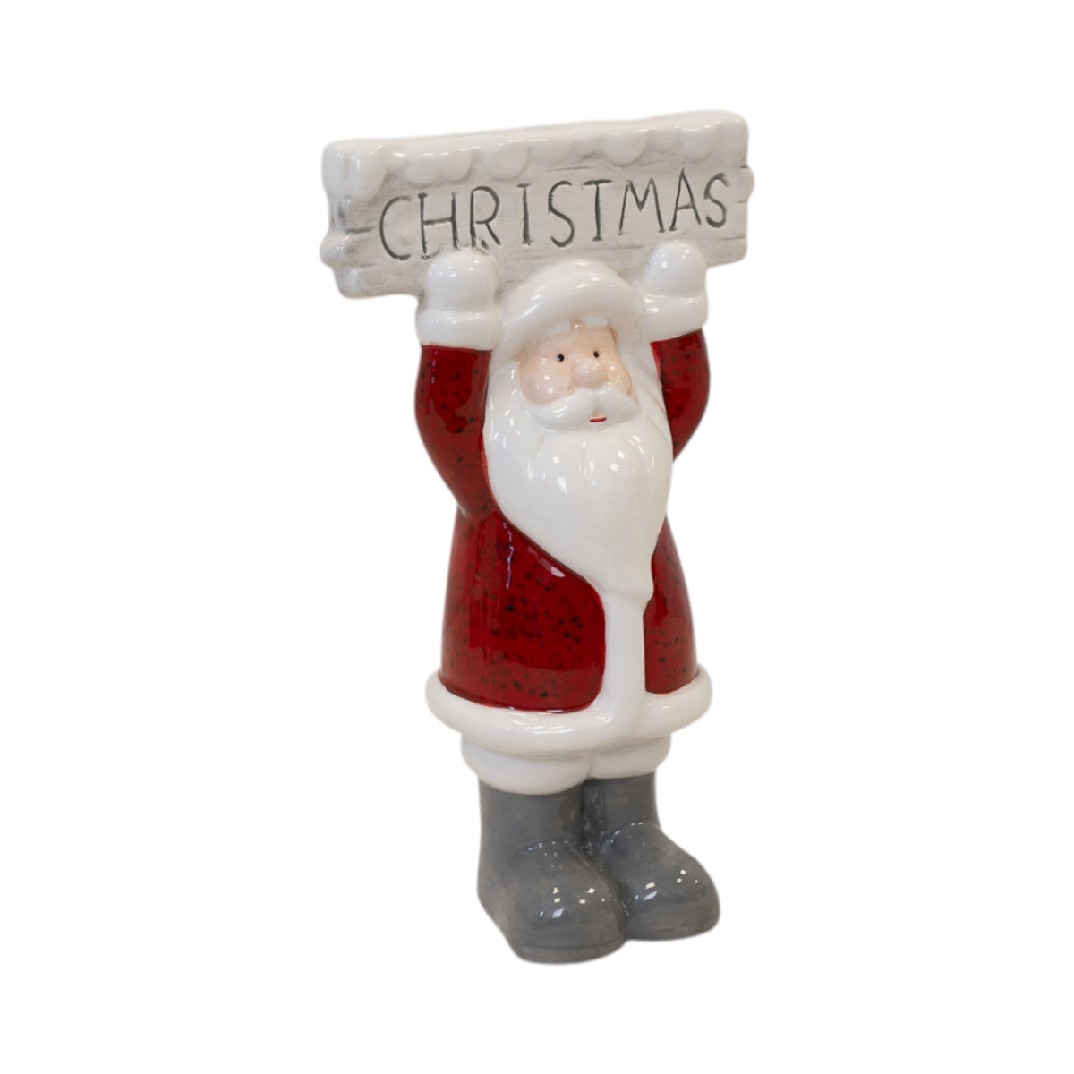Ceramic Santa in red coat and grey boots holding a CHRISTMAS sign above his head