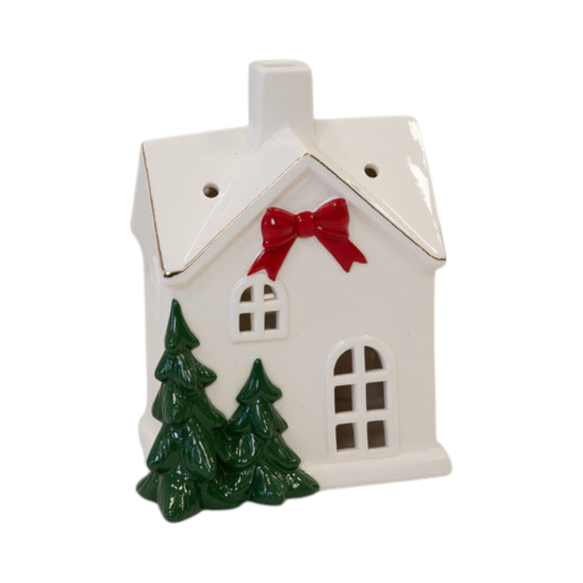 17cm white ceramic Christmas house with chimney, arched windows and gold-edged roof