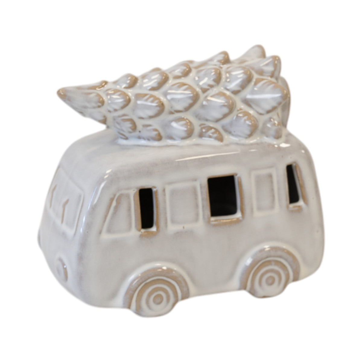 Stone-glazed ceramic campervan with a Christmas tree on its roof