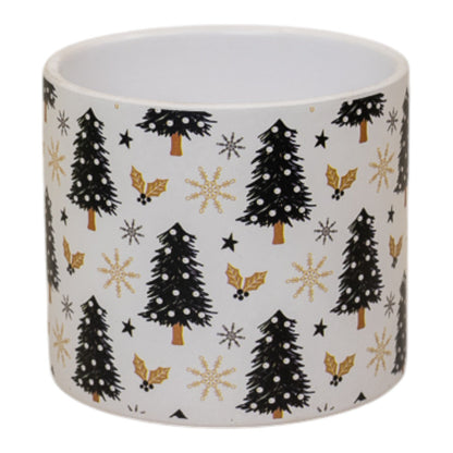 White ceramic pot printed with black Christmas trees, gold holly, stars and snowflakes