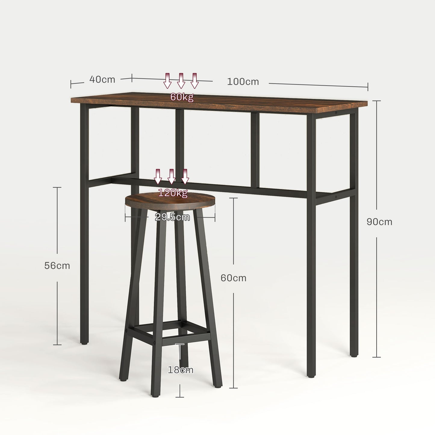 Bar Table and Stools, 2 Breakfast Tables w/ 4 Stools, Counter Height Dining Tables & Chairs for Kitchen, Living Room, Rustic Brown | HOMCOM-1