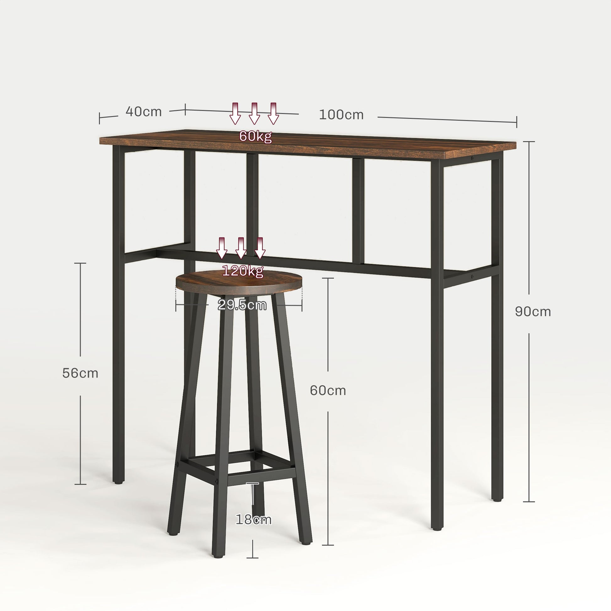 Bar Table and Stools, 2 Breakfast Tables w/ 4 Stools, Counter Height Dining Tables & Chairs for Kitchen, Living Room, Rustic Brown | HOMCOM-1