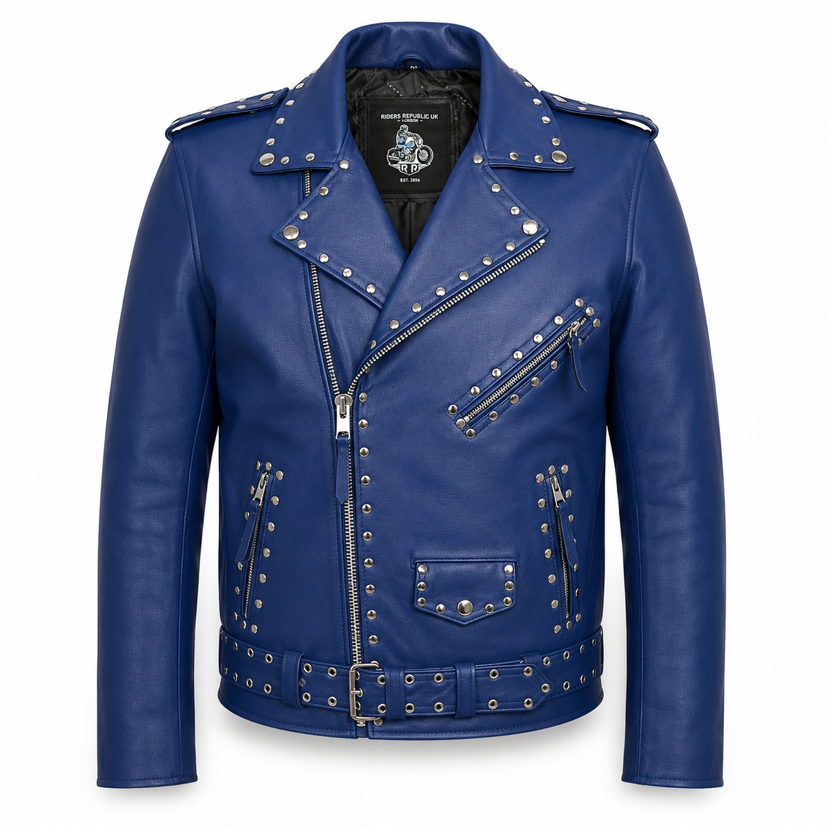 Men’s Studded Blue Leather Biker Jacket
