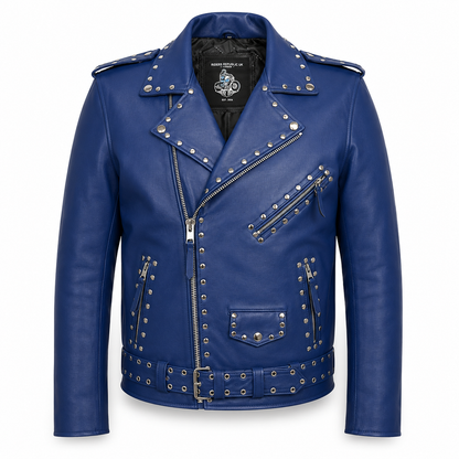 Men’s Studded Blue Leather Biker Jacket