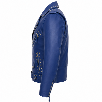 Men’s Studded Blue Leather Biker Jacket