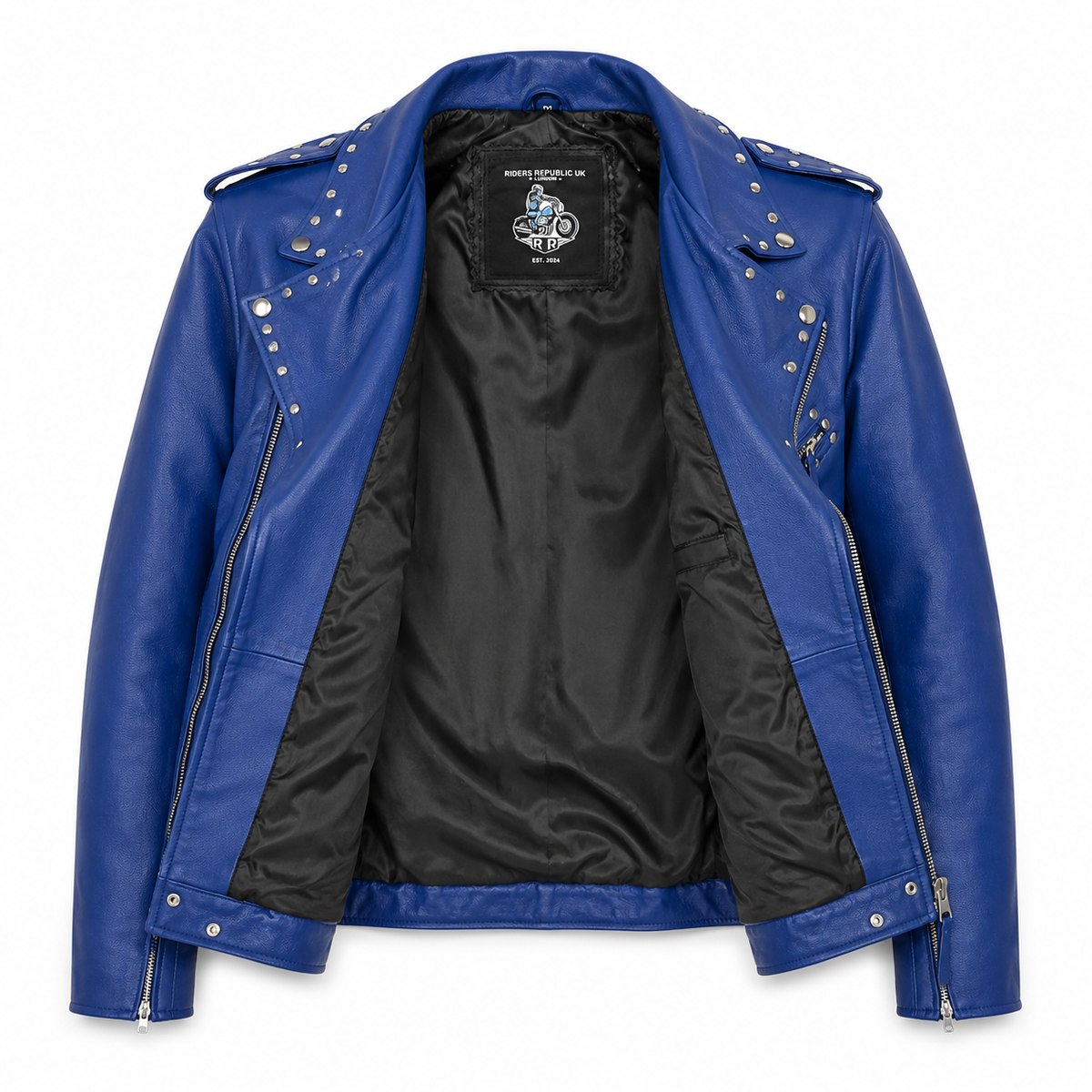 Men’s Studded Blue Leather Biker Jacket
