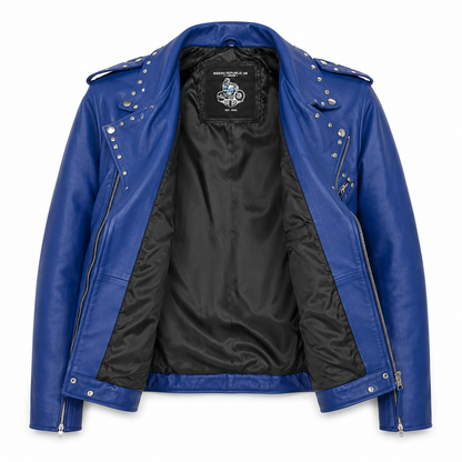 Men’s Studded Blue Leather Biker Jacket