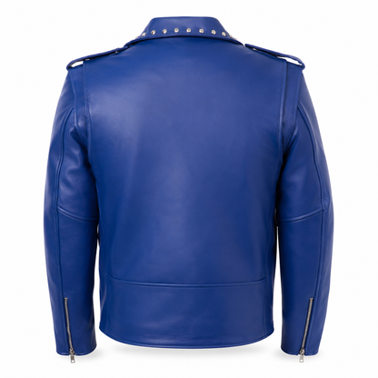 Men’s Studded Blue Leather Biker Jacket