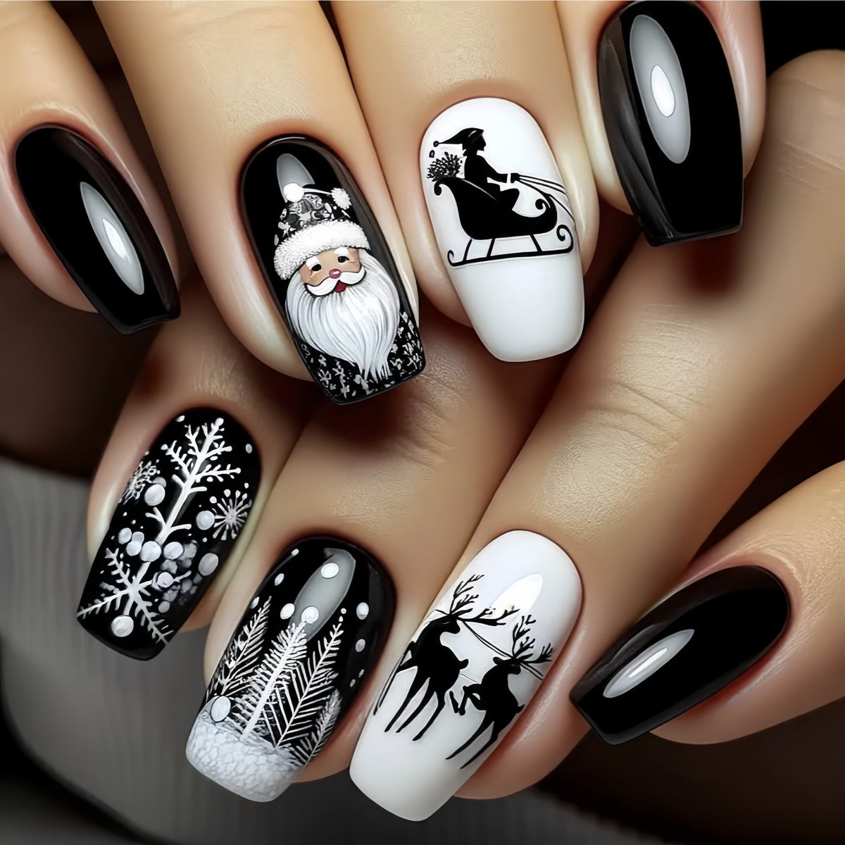 Long black and white Christmas press-on nails with Santa, sleigh, reindeer and snowflake designs