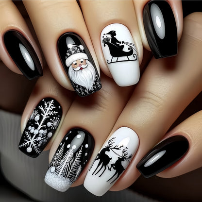 Long black and white Christmas press-on nails with Santa, sleigh, reindeer and snowflake designs
