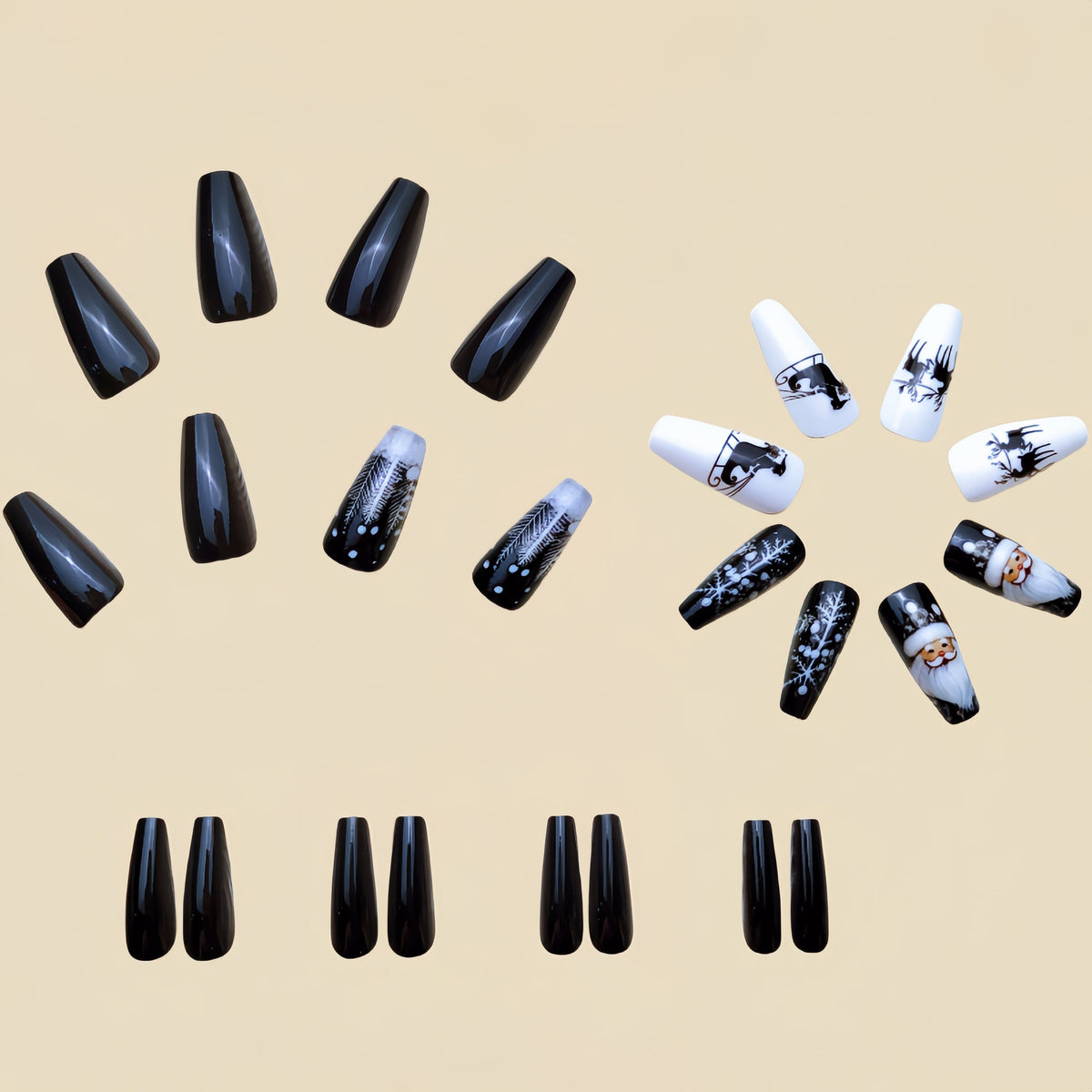 Black & White Christmas Press-On Nails – 24 Long Ballerina – view 3
