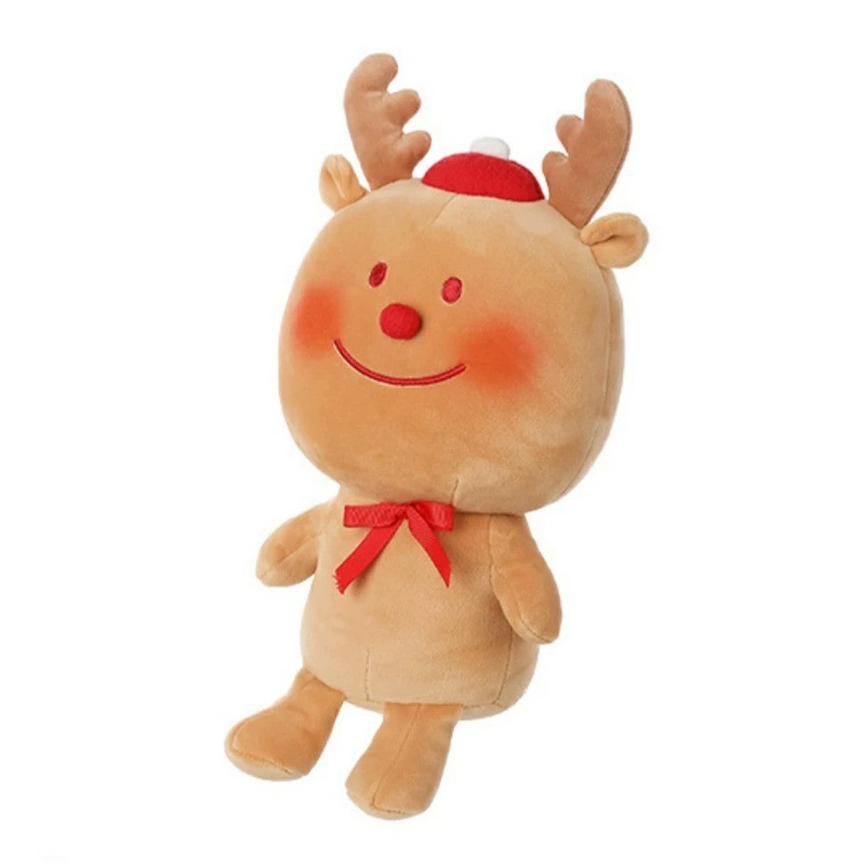Sitting reindeer plush toy with red bow and Santa hat