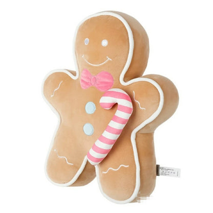 Gingerbread man plush cushion with pink candy cane