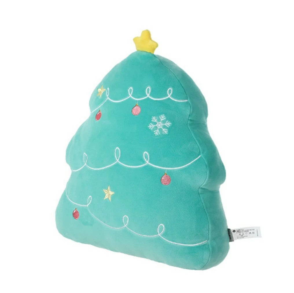Teal Christmas tree plush cushion with embroidered garland and star