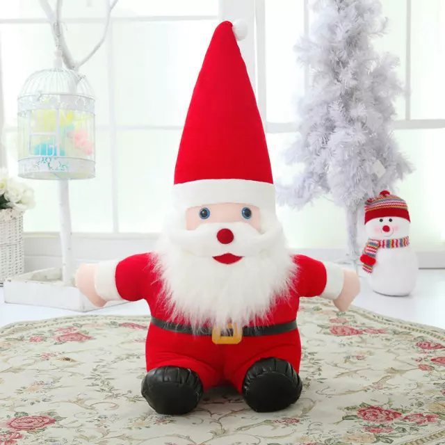 Sitting Santa Claus plush toy with red hat, white beard and gold buckle belt