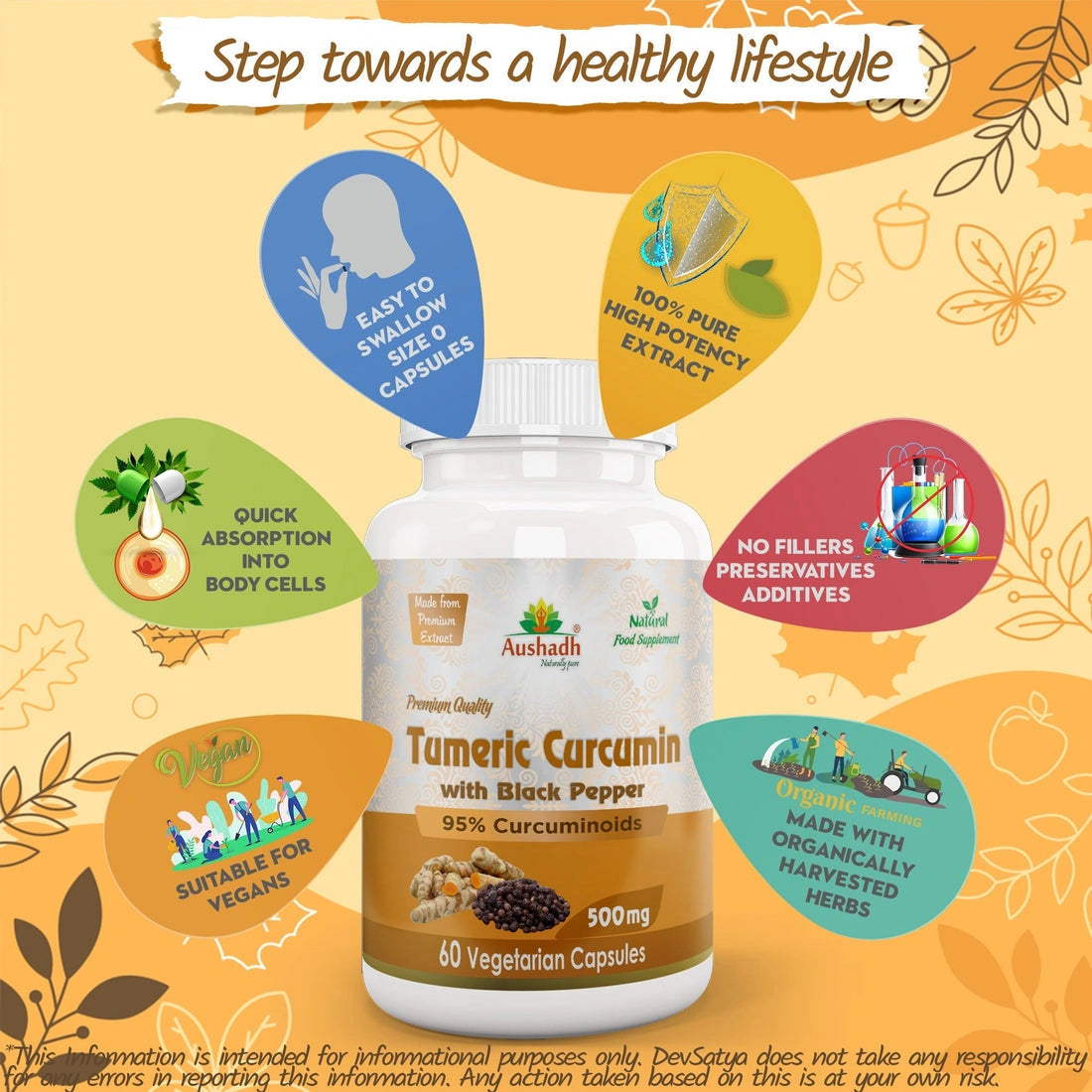 Aaponminimarket Aushadh Tumeric Curcumin with Black Pepper Capsules (Haldi) Joint Comfort & Antioxidant Support - Vegan, Gluten Free, Non-GMO, 60 Capsules
