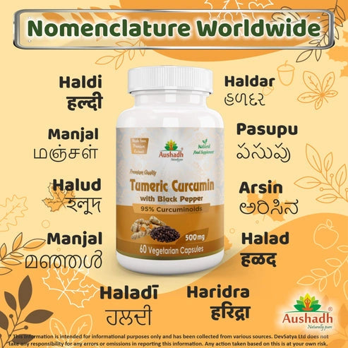 Aaponminimarket Aushadh Tumeric Curcumin with Black Pepper Capsules (Haldi) Joint Comfort & Antioxidant Support - Vegan, Gluten Free, Non-GMO, 60 Capsules